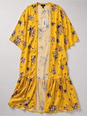 Jessica Simpson Yellow Floral Kimono Duster NWT Large Boho Ruffle